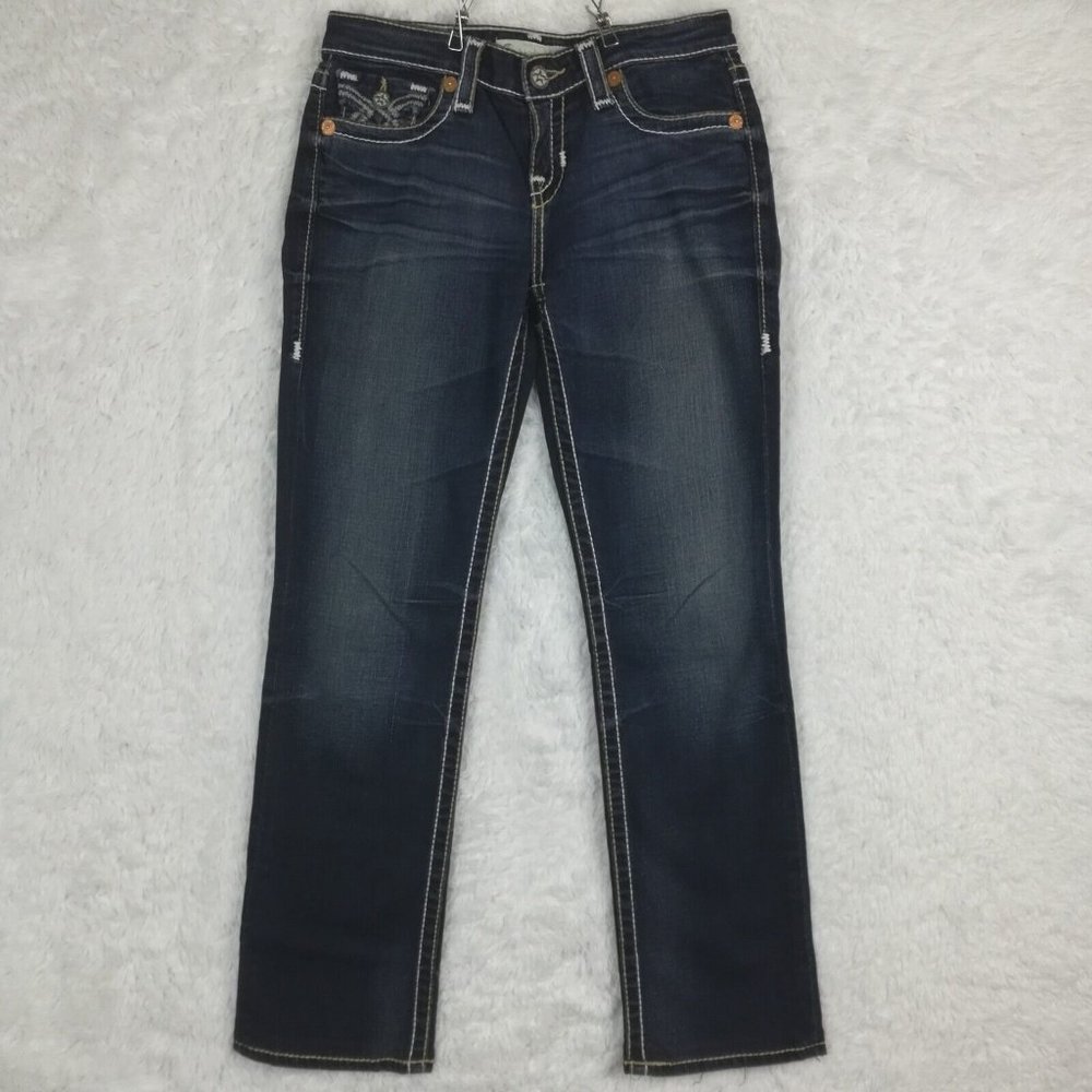Big Star Womens Jeans Nina Straight Blue‎ Denim Dark Wash Flap Pocket Long 27L